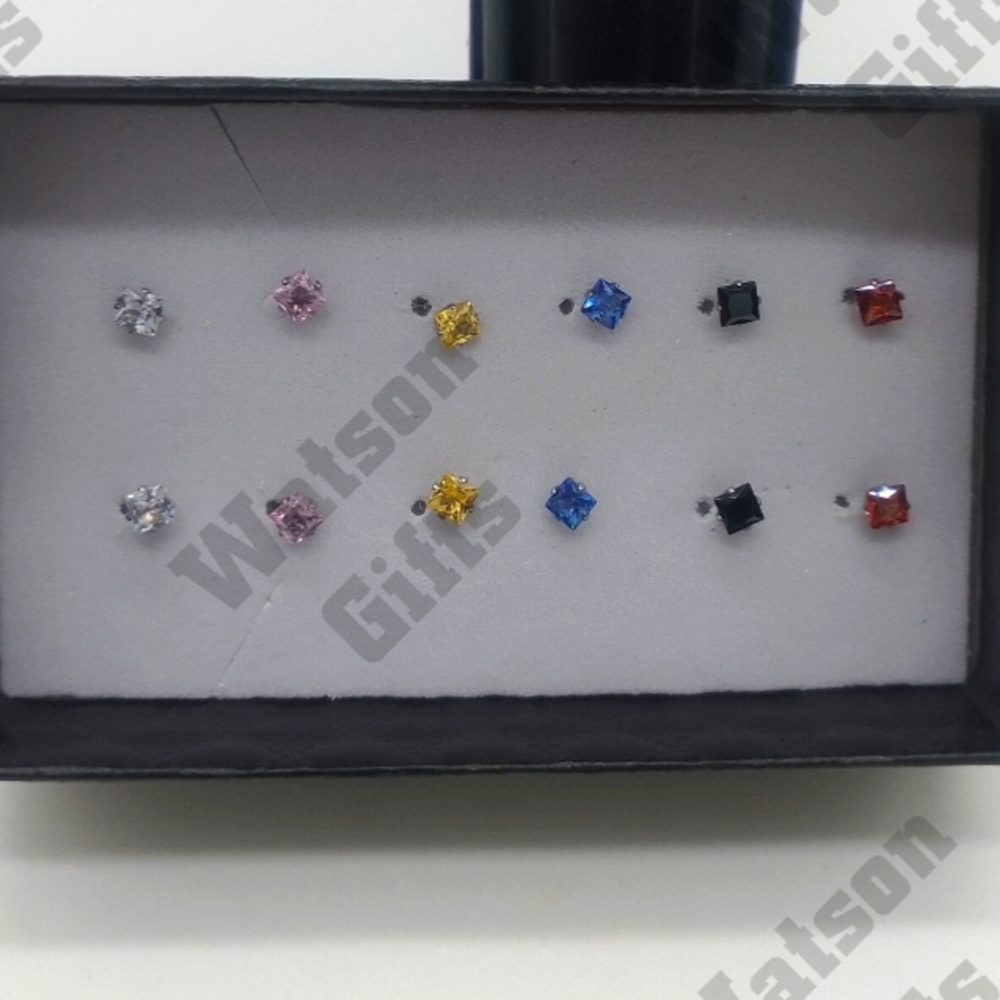 Set Of 6 Genuine CZ Stubs Earrings 316L Stainless Steel Multi Colored Silver